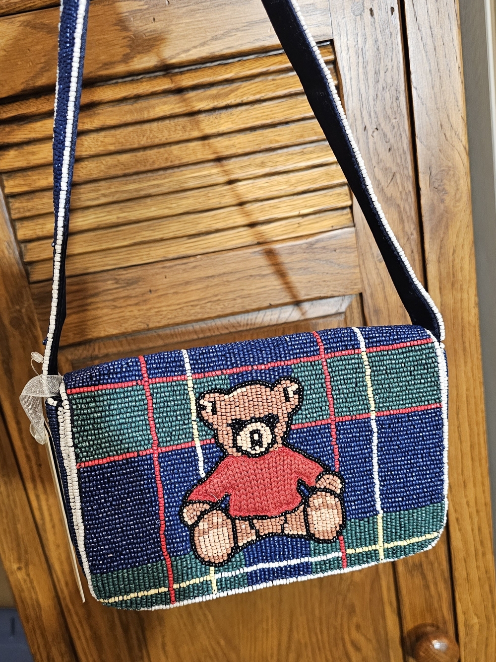 Beaded Teddy Plaid Crossbody Bag - Navy/Green/Red